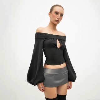 Women Sexy Off-Shoulder Lantern Sleeve Top Polyester Hollow Out Solid Color Slim Fit Short T-Shirt Elegant French Style Commute Nightclub Party Apparel