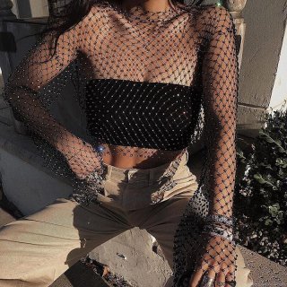 Women's Sexy Mesh Rhinestone Crop Top Hollow Out See Through Long Sleeve Fishnet Blouse Clubwear Party Streetwear Sparkling Diamond Tops
