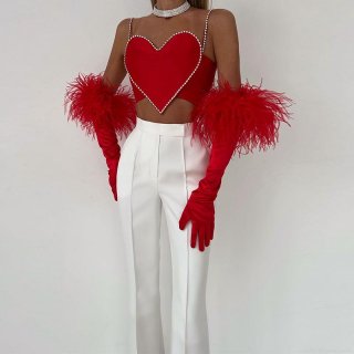 Women's Sexy Red Heart Shaped Satin Camisole Rhinestone Trimmed Crop Top Slim Fit Party Clubwear Tank Top With Diamond Straps For Valentine's Day