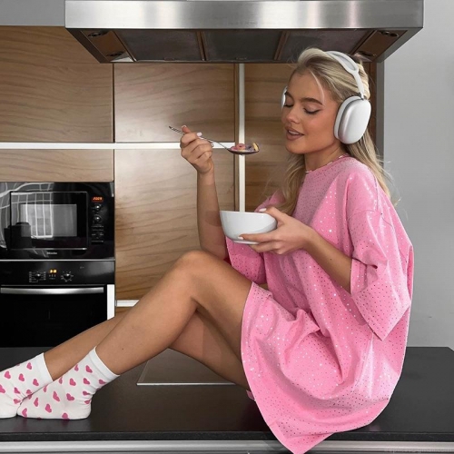 Women's Oversize T-Shirt Pink Rhinestone Short Sleeve Top Casual Polyester Spandex Loose Blouse For Women Fashion Sparkling Daily Summer Tee