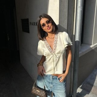 French Style Lace Patchwork Satin T-Shirt For Women Summer Slim Fit V-Neck Lace-Up Short Sleeve Crop Top Sexy Elegant Ladies Solid Color Tee