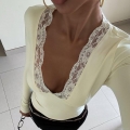 Women's Elegant V Neck Lace Patchwork Long Sleeve Top Slim Fit Apricot Polyester Spandex Ribbed Tee Shirt Autumn Casual Blouse