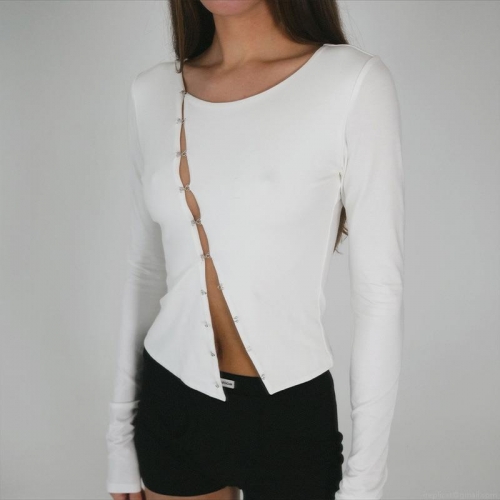 Women Sexy Slim Fit Long Sleeve T-Shirt Solid Color Round Neck Asymmetric Hook-and-Eye Design Streetwear Trendy Top For Fashionable Daily Wear