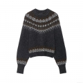 Women's Polyester Fair Isle Jacquard Knitted Sweater Round Neck Long Sleeve Contrast Color Pullover Autumn Winter Warm Loose Retro Knitwear Tops
