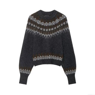 Women's Polyester Fair Isle Jacquard Knitted Sweater Round Neck Long Sleeve Contrast Color Pullover Autumn Winter Warm Loose Retro Knitwear Tops