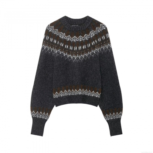 Women's Polyester Fair Isle Jacquard Knitted Sweater Round Neck Long Sleeve Contrast Color Pullover Autumn Winter Warm Loose Retro Knitwear Tops