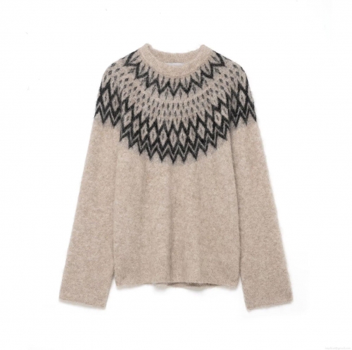 Women's Vintage Fair Isle Sweater 100% Polyester Plush Knit Long Sleeve Warm Crew Neck Pullover for Autumn Winter Casual Daily Wear European Streetwear Style