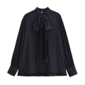 Women's Elegant Solid Color Bow Tie Neck Blouse Long Sleeve Loose Fit Polyester Shirt For Streetwear Casual Office Wear