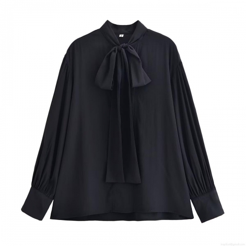 Women's Elegant Solid Color Bow Tie Neck Blouse Long Sleeve Loose Fit Polyester Shirt For Streetwear Casual Office Wear