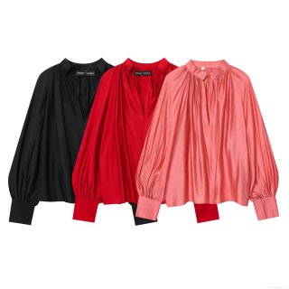Women's V-Neck Long Sleeve Blouse Polyester Satin Solid Color Button Up Lantern Sleeve Pleated Loose Casual Office Streetwear Fashion Top For Women
