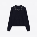 Women's Long Sleeve Knitted Sweater Polo Collar Scalloped Trim Navy Blue Knit Pullover Casual Autumn Winter Jumper Streetwear Top With Buttons