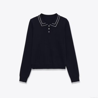 Women's Long Sleeve Knitted Sweater Polo Collar Scalloped Trim Navy Blue Knit Pullover Casual Autumn Winter Jumper Streetwear Top With Buttons