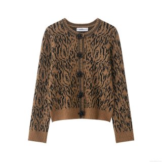 Women Leopard Print Knitted Cardigan Sweater Round Neck Long Sleeve Single Breasted Beaded Flower Button Tops Autumn Winter Casual Street Style Knitwear