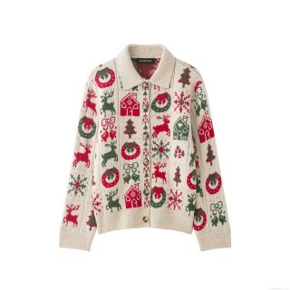 Women's Christmas Reindeer Snowflake Jacquard Knit Cardigan Turn-down Collar Single Breasted Festive Sweater Cream White Long Sleeve Holiday Knitwear Casual Xmas Top