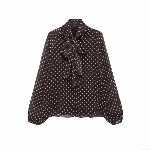 Women's Polka Dot Chiffon Blouse Retro Bow Tie Neck Long Lantern Sleeve Lightweight Polyester Elegant Shirt Top For Daily Commute Streetwear