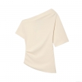 Women's Sexy Off Shoulder Pleated T-Shirt Asymmetric Slim Fit Short Sleeve Satin Wrinkle Top Solid Color Beige Casual Streetwear For Lady