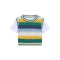 Women's Fashion Faux Two Piece Knit T-Shirt Hollow Out Crochet Patchwork Short Sleeve Top Striped Color Block Round Neck Casual Streetwear Tee