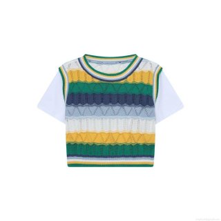 Women's Fashion Faux Two Piece Knit T-Shirt Hollow Out Crochet Patchwork Short Sleeve Top Striped Color Block Round Neck Casual Streetwear Tee