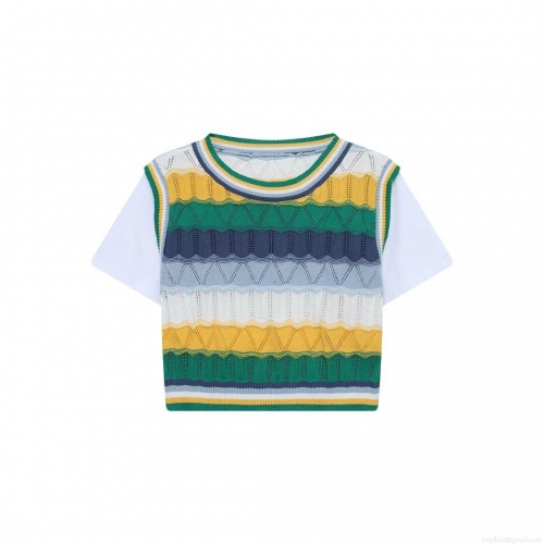 Women's Fashion Faux Two Piece Knit T-Shirt Hollow Out Crochet Patchwork Short Sleeve Top Striped Color Block Round Neck Casual Streetwear Tee