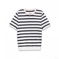 Women's Contrast Red Stitching Striped Knit T-Shirt Crew Neck Slim Fit Short Sleeve Casual Summer Top
