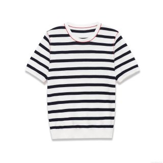Women's Contrast Red Stitching Striped Knit T-Shirt Crew Neck Slim Fit Short Sleeve Casual Summer Top