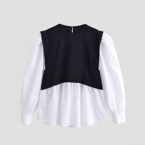 Women Fashion Fake Two-Piece T-Shirt Long Lantern Sleeve Polyester Color Block Stitching Top Streetwear Occident Style Casual Mock Neck Long Sleeve Tee For Women