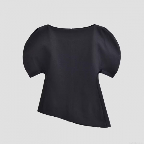 Women's Solid Black Polyester T-Shirt With Puff Sleeves And Asymmetrical Hem Chic Boat Neck Back Zipper Top For Street Style Women Casual Top