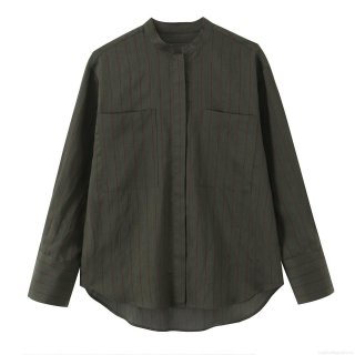 Women's Striped Long Sleeve Stand Collar Shirt Casual Loose Polyester Contrast Striped Top With Double Pockets Streetwear Fashion Blouse For Ladies