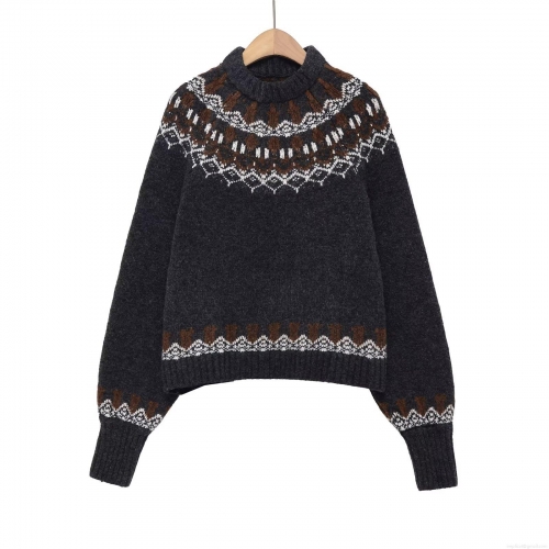 Women's Vintage Fair Isle Knitted Sweater Round Neck Long Sleeve Polyester Pullover Winter Warm Geometric Pattern Streetwear Casual Knit Jumper Top