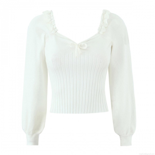 Women's Ruffle Square Neck Knit Sweater Pullover Wool Blend Ribbed Long Sleeve Top With Bow Tie Solid White Casual Streetwear Autumn Winter
