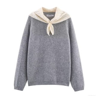 Women European Knit Sweater Scarf Lace Collar Long Sleeve Pullover Autumn Winter Acrylic Polyester Knitwear Solid Color Streetwear Top