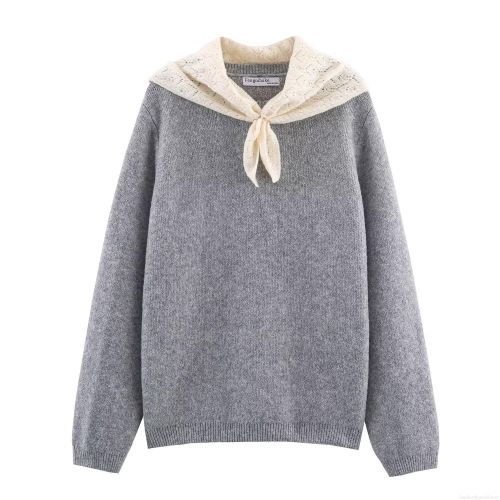 Women European Knit Sweater Scarf Lace Collar Long Sleeve Pullover Autumn Winter Acrylic Polyester Knitwear Solid Color Streetwear Top