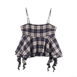 Women's Plaid Camisole Top 95% Polyester Strappy Vest Irregular Ruffle Hem Sexy Crop Top For Summer Vacation Streetwear Fashion