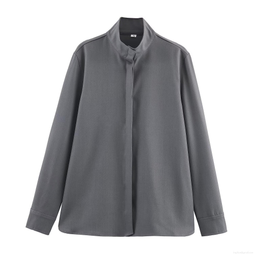 Women's Casual Stand Collar Long Sleeve Blouse Solid Color Polyester Minimalist Streetwear Shirt Top For Spring Autumn Daily Wear