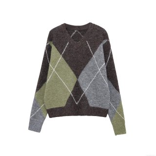 Women's Argyle Knit Sweater Polyester V-Neck Long Sleeve Contrast Color Pullover Top For Autumn Winter Daily Wear Casual Street Style Fashion Knitwear