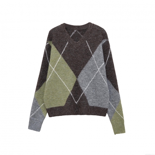 Women's Argyle Knit Sweater Polyester V-Neck Long Sleeve Contrast Color Pullover Top For Autumn Winter Daily Wear Casual Street Style Fashion Knitwear