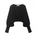 Women Western Style Solid Color Short Knit Sweater Pullover With Round Neck And Lantern Sleeve 100% Polyester Casual Loose Fit Winter Autumn Top