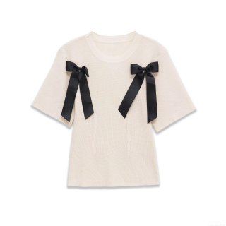Women's Bow Decoration Ribbed Knit T-Shirt Round Neck Short Sleeve Slim Fit Beige Knitted Top For Daily Streetwear Women Casual Blouse