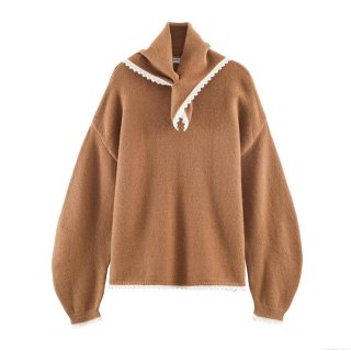 Women's Long Sleeve Knit Sweater With Scarf Collar Lace Patchwork Knitwear Elegant Pullover Streetwear Autumn Winter Warm Camel Jumper Casual Tops