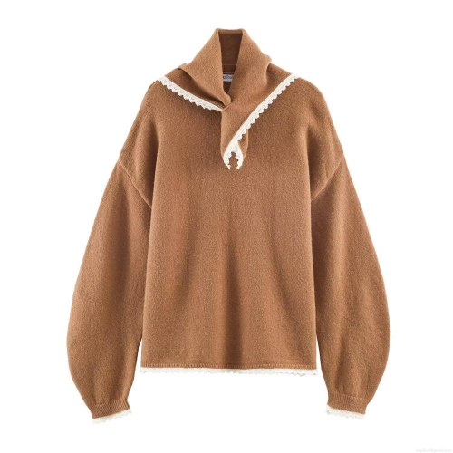 Women's Long Sleeve Knit Sweater With Scarf Collar Lace Patchwork Knitwear Elegant Pullover Streetwear Autumn Winter Warm Camel Jumper Casual Tops