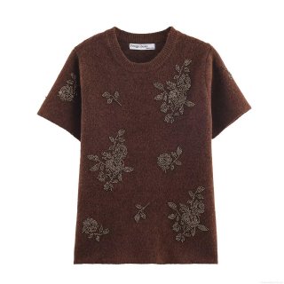 Women's Vintage Dark Brown Round Neck Short Sleeve Knit Sweater Beaded Flower Embroidery Acrylic Polyester Blend Elegant Streetwear Top For Women