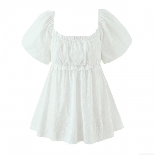 French Retro White Cotton Embroidery Blouse Square Neck Puff Sleeve Smocked Babydoll Shirt Sweet Summer Floral Tops For Women