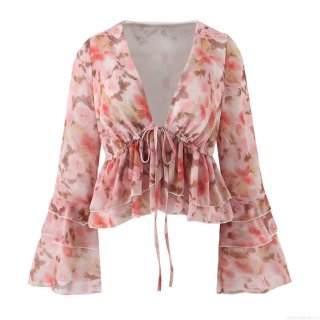 Women's Pink Floral Print V Neck Long Sleeve Blouse Flare Ruffle Sleeve Tie Front Sexy Boho Chiffon Style Crop Top Spring Casual Fashion Shirt