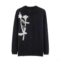 Women's Black Knit Cardigan Sweater With White Flower Embroidery Crew Neck Long Sleeve Button Up Casual Street Style Autumn Winter Knitwear Coat