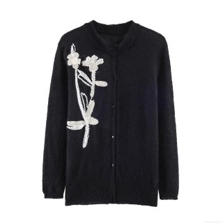 Women's Black Knit Cardigan Sweater With White Flower Embroidery Crew Neck Long Sleeve Button Up Casual Street Style Autumn Winter Knitwear Coat