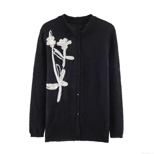 Women's Black Knit Cardigan Sweater With White Flower Embroidery Crew Neck Long Sleeve Button Up Casual Street Style Autumn Winter Knitwear Coat