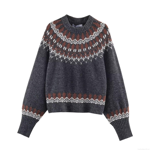 Women's Retro Fair Isle Geometric Knit Sweater Polyester Acrylic Blend Long Sleeve Crew Neck Pullover Tops For Autumn Winter Casual Streetwear