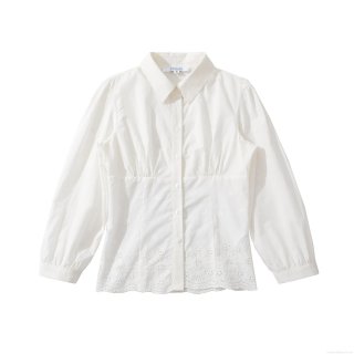 Women Long Sleeve Shirt Polyester Solid White Lapel Button Down Embroidery Hollow Hem Blouse Casual Streetwear Top Autumn Ladies Clothing