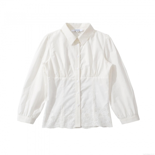 Women Long Sleeve Shirt Polyester Solid White Lapel Button Down Embroidery Hollow Hem Blouse Casual Streetwear Top Autumn Ladies Clothing