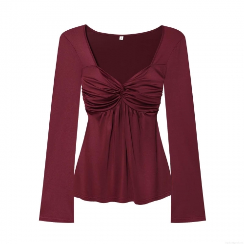 Women's T-Shirt Long Sleeve Round Neck Ruched Knot Front Solid Color Soft Polyester Blend Top Streetwear Casual Autumn Slim Fit Tee